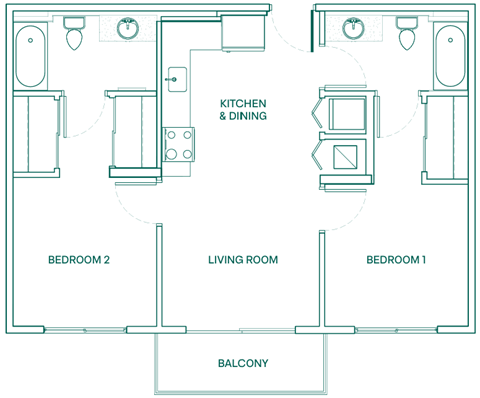A floor plan of a house with a kitchen, living room, and two bedrooms.